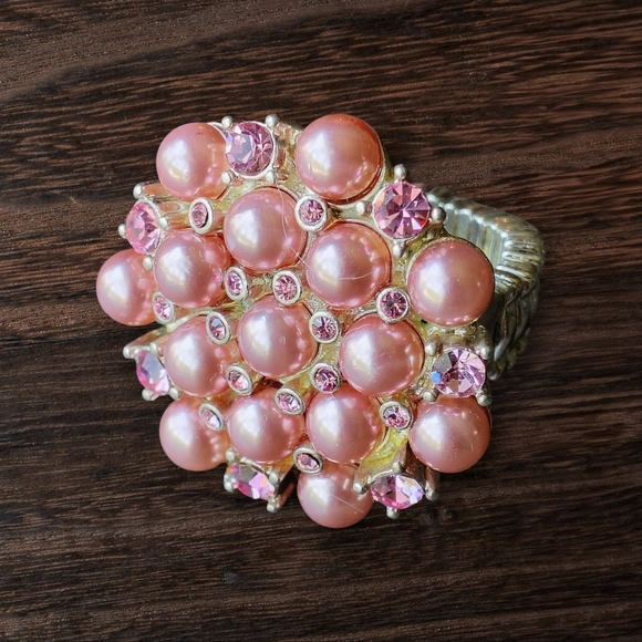 90s Vintage  Pink Faux Pearl & Rheinstone Adjustable Ring - Picture 3 of 8